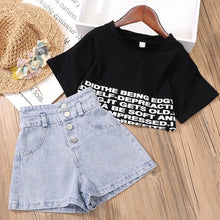 Load image into Gallery viewer, New Kids Girls Clothes Set Summer Girl Crop Tops T-shirt + Denim shorts 2pcs Girl Outfits Baby Girls Clothing 4 5 710 to 12 year