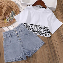 Load image into Gallery viewer, New Kids Girls Clothes Set Summer Girl Crop Tops T-shirt + Denim shorts 2pcs Girl Outfits Baby Girls Clothing 4 5 710 to 12 year