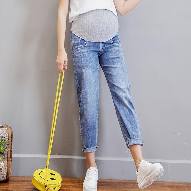 Vintgae Washed Denim Maternity Jeans for Pregnant Women Clothes Elastic Waist Belly Loose Pants Pregnancy Gravidas Clothing 2019