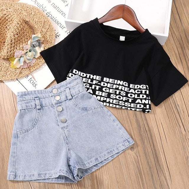 New Kids Girls Clothes Set Summer Girl Crop Tops T-shirt + Denim shorts 2pcs Girl Outfits Baby Girls Clothing 4 5 710 to 12 year